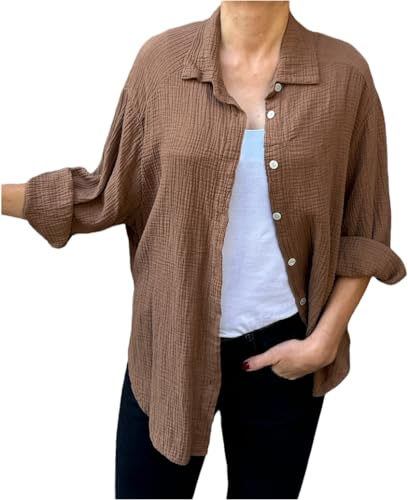 FASHION YOU WANT Bluse Damen Musselin Langarmshirt Baumwolle Gr.34-44 Lässig Oberteile Hemd Langarm Shirts Einfarbig Tops Hemdjacke (DE/NL/SE/PL, Numerisch, 38, 40, Regular, Regular, braun)