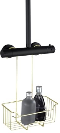 WENKO Ducha termostática Mod. Milo, estante de ducha para colgar en el grifo, estante de acero inoxidable (25 x 36 x 14 cm), color dorado