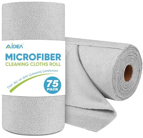 AIDEA Microfiber Cleaning Cloth Roll, Grey 75PK, Reusable Paper Towels Tear Away Cloth, Microfiber Towels for Cars, Wash Cloths, Lint Free Rags for House, Kitchen,Window,Cleaning Supplies 11.5×11.5