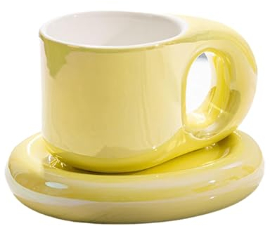 CAPIJIONG Juego de platos y taza de café de cerámica coreana de 300 ml/10 oz, taza de cerámica para el té de la tarde del hogar-amarillo