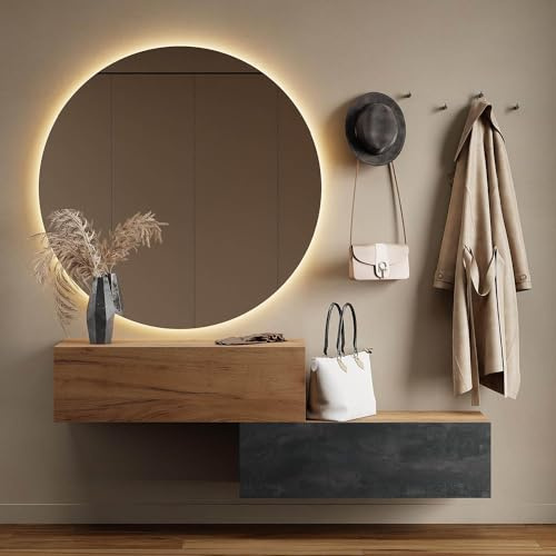 Planetmöbel Flurgarderobe 2X 100 cm, Spiegel rund | Beleuchtung 100 cm, Gold Eiche - Schwarz Charcoal/Gold Eiche, Flur Möbel mit Spiegel, 2x 37,8T x 100B x 32,5H cm