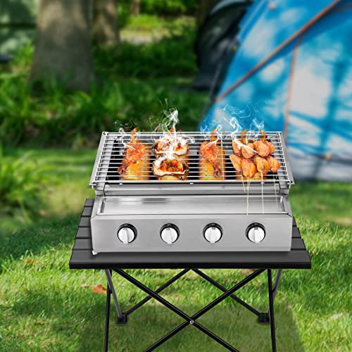 MEELRYD 4-Flammen Gasgrills Edelstahl Gastrobräter, Gastrogasgrill Steak Grill Tisch Grill, Höhenverstellbarer für Camping, Lammspieß im Garten, Hinterhof, Party, Picknick, Reisen