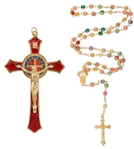 WANDIC Jesus Christus Kreuz Set, Rosenkranz Katholisch Gold, Jesus Figur Christliche Deko Kruzifix Wandkreuz mit Halskette, Katholisch Jesus Kette Bild für Zuhause Beten, Innendekoration, Kommunio