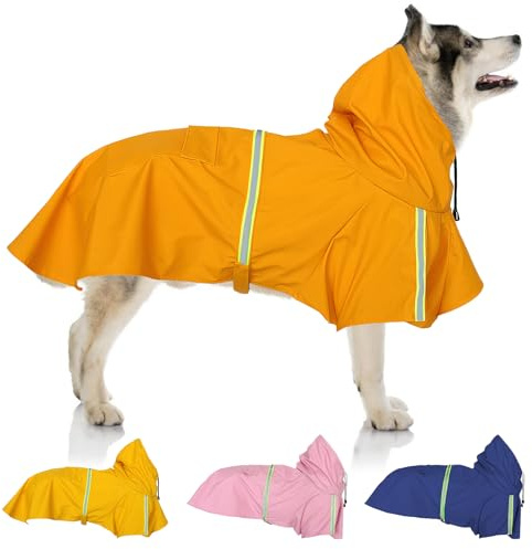 Regenmantel für Hunde, SilverChry Regenjacke für Hunde, Wasserdicht mit Kapuze, Atmungsaktiv, Wasserdicht für Haustiere, Welpen, Regenponcho mit reflektierenden Streifen (orange, 5XL)