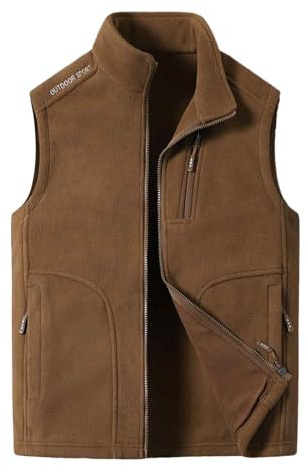 Chaleco de invierno para hombre, chaleco de invierno, chaleco de trabajo, sin mangas, con cuello alto, bolsillos laterales, chaleco de forro polar, chaleco térmico con múltiples bolsillos, café, 4XL