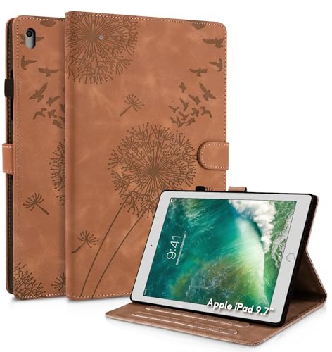 Rostsant Hülle für iPad 9,7 Zoll Löwenzahn PU Leder iPad 9,7 Zoll Flip Case Brieftasche Tasche Hülle für iPad 9,7 Zoll (Modell 2018/2017, 6./5. Generation) Braun