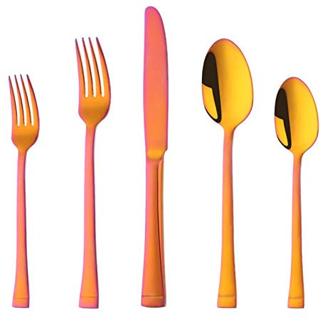 Ensemble de couverts européens 20 pièces en acier inoxydable orange rouge arc-en-ciel doré ensemble fourchette et cuillère pour 4 couverts de table élégant et ensemble de salle à manger