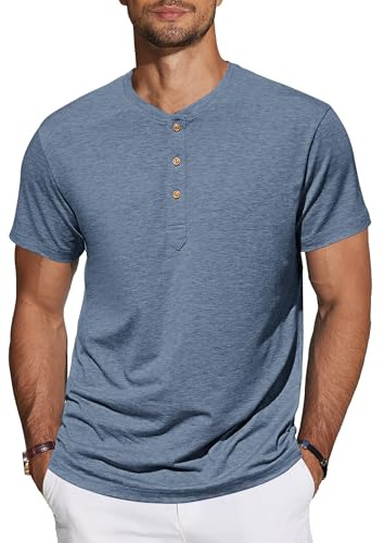 TARAINYA Henley T-Shirt Homme Coton Manches Courtes col Mao Décontractées été avec Bouton Bleu M