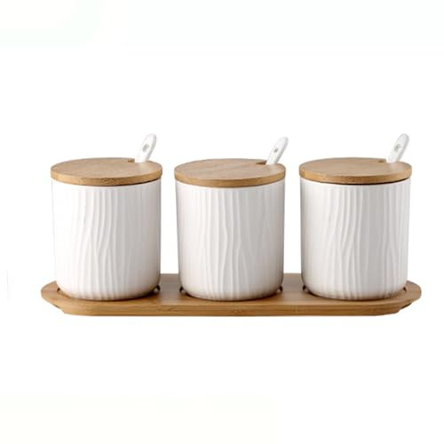 MIATTCLD Keramik Gewürzdosen 3er Set, Zuckerdose mit Löffel und Bambus Deckel, 300ml/10.2 oz Gewürzgläser für Zucker, Käse, Salz, Gewürze