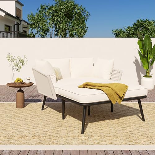 AYOROF Gartensofa mit 2 Kissen und 2 Polster,Sonnenliege im Außenbereich, Gartenlounge, Balkonmöbel-Set, Loungemöbel, Terrassenmöbel,Kissen sind abnehmbar und waschbar (Beige)