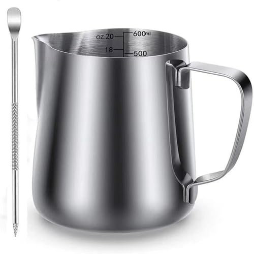 Kolamom Brocca per latte da 600 ml/20 FL.oz in acciaio inox con misurazione marca, accessori baristi, caraffa per il latte per cappuccino, espresso, latte art, amanti del caffè, argento