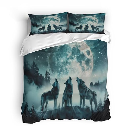 Bettwäsche Nacht & Bettwäsche Wald – 135x200cm mit 2 Kissenbezügen 80x80cm, hautfreundliche & weiche Mikrofaser, mystisches Wolf-Design, ideal für ein naturnahes & stimmungsvolles Schlafzimmer.
