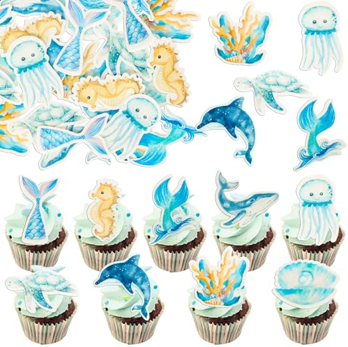 Gyufise 54Pcs Edible Mermaid Cupcake Toppers Under the Sea Turtles Octopus Cupcake Picks Seahorse Coral Cake Decorations for Baby Shower Birthday Party Supplies Blue