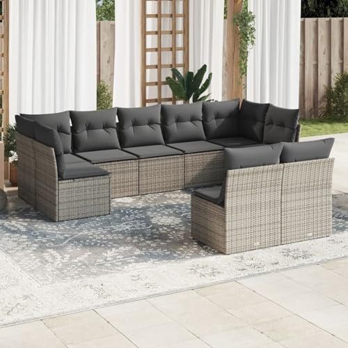 Brokky 9-TLG. Garten-Sofagarnitur mit Kissen LoungemöBel Balkon Patio Furniture Gartengarnitur Set Grau Poly Rattan / 3218150