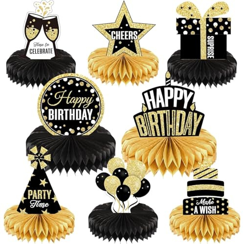 8 Pieces Birthday Table Decorations Black and Gold Party Supplies Honeycomb Centerpieces Cake Toppers Party Honeycomb Centerpieces Decor Supplies