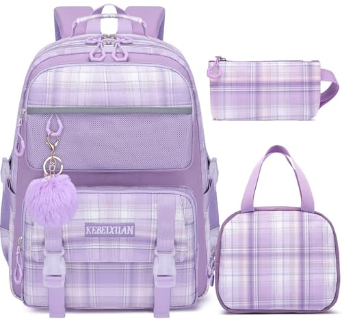 KEBEIXUAN Mochila Escolar Niñas - Mochila para Niñas 6 a 12 Años con Colgante Kawaii | Set de 3 Piezas para Colegio y Primaria, Morado