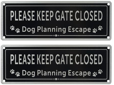 2 Pcs Please Keep Gate Closed Sign, Brushed Aluminium Metal Reflective 3.5 x 9.8 Inches, Close Gate Sign Dog Planning Escape, Fade Resistant, Waterproof, UV Resistant and Durable For Outdoor Gate Wall