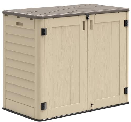 IWDOO Outdoor Storage Shed, 30 Cu Ft Waterproof Horizontal Resin Storage Cabinet, Weather-Resistant Garden Shed Trash Can Storage with Pad-Lockable Doors for Backyards (Khaki)