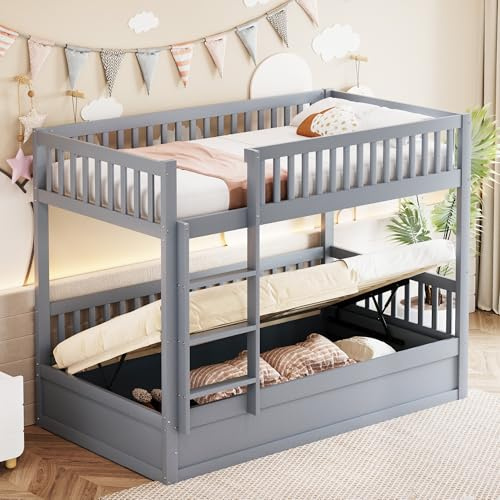 Zravenna Etagenbett 90 x 200 cm, Hochbett Stockbett für 2 Kinder Mit Stauraum, Bett Bettgestell Mit 2 Lattenroste und Rausfallschutz (Grau)