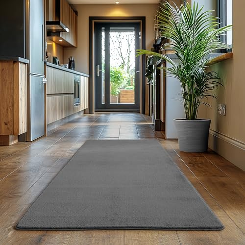 SIMPEX Läufer Teppich Grau 80x150 cm Waschbarer Kurzflor Teppich, rutschfest & weich, modernes einfarbiges Design für Schlafzimmer, Küche & Flur