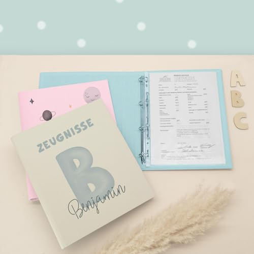 Zeugnismappe A4 personalisiert, Ringordner mit Namen, Leinen-Ordner für Schulzeugnisse, Geschenk Einschulung Mädchen & Jungen, Schulordner (Buchstabe Blau, Creme, Standard)