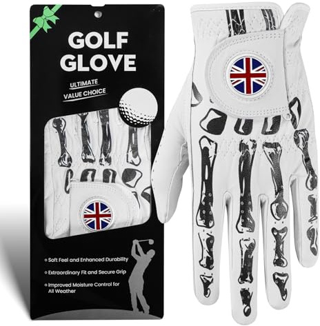 FINGER TEN Golf Gloves Men Left Hand Right Cabretta Leather Weathersof with Ball Marker 1 Pcs, Men’s Golf Glove Soft Breathable Wear Resistance (Black, ML, Left)