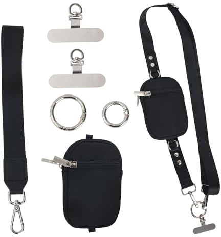 BOXOB Clip-On Crossbody Phone Rope Strap with Wallet Set, Adjustable Cell Phone Mobile Phone Lanyard & Detachable Wristlet with Zipper Pouch Metal Tether Tabs for Travel Shopping Going Out
