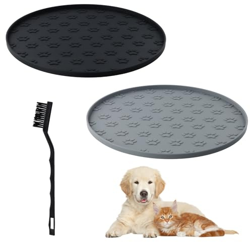 Culinavog 2 Stück Napfunterlage Für Hunde & Katzen, 28x28cm Silikonmatte Mit Erhöhtem Rand, Wasserdicht & Hundenapf Unterlage rutschfest, Hundeabdrücke Napfunterlage Hund Rund (Grau + Schwarz)