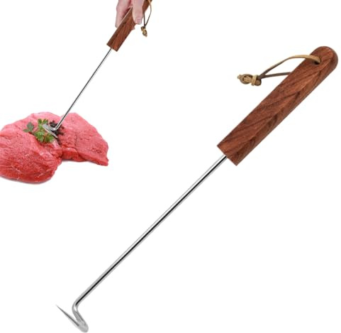 Crochet À Viande Barbecue – Ustensile en Acier Inoxydable pour Grillade – Pigtail avec Poignée en Bois – Outil pour Retourner La Viande sur Braise – Accessoire BBQ Fumage Cuisine Extérieur Camping
