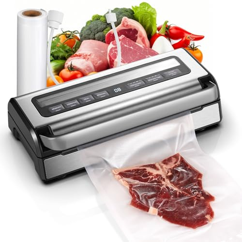 AOBOSI Automatic Vacuum Sealer Machine, 95Kpa Food Sealing System with Built-in Cutter & Storage Box, Adjustable Vacuum Pressure & Seal Time, Includes 2 Bag Rolls & Hose for Dry/Moist Foods