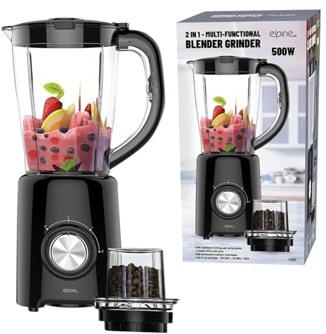 2 In 1 Multi Functional Blenders With Grinder - 500W, 600W Processors | With Plastic Food Jug, Juice Maker, Coffee, Nut & Spice Grinder Attachment | Speed Mode Functions 1.5L (500W 2 Speed, Black)