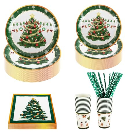 CEILIWEN Christmas Party Tableware Set for 25 Guests - 9'' & 7'' Green Xmas Paper Plates, Napkins, Cups & Straws - Festive Dinnerware for Xmas New Year Party Decorations