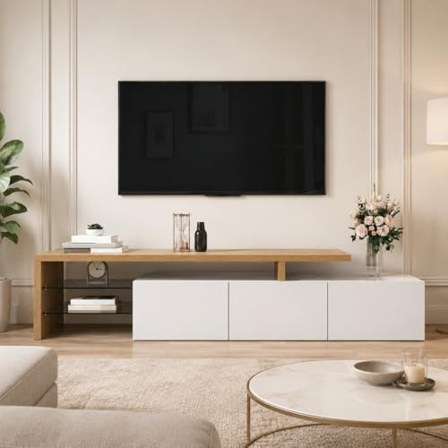 JiaOyu TV-skåp med LED-lampor för TV upp till 85 tum, modernt högglans TV-bord, TV-bord med förvaringsutrymme och öppna glashyllor för vardagsrum, sovrum (träfärg och vit)