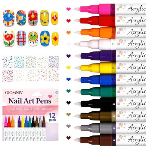 Oiomniv 12 Colors Nail Art Pens Set with 10 Nail Stickers, Fine Tip | Quick-drying ink for smooth lines and detailed nail artwork