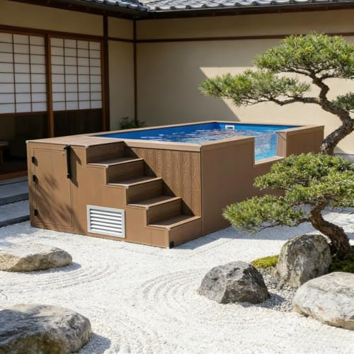 Piscina di immersione ad acqua fredda di alta qualità con parete in vetro trasparente e rivestimento in legno naturale | Piscina fuori terra compatta per cortile tropicale e oasi del giardino