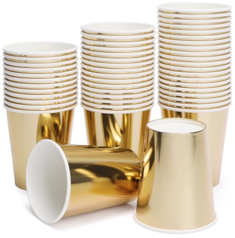 PARTY GO 50Pcs Paper Cups for Dinner and Dessert, Disposable Cups Party Supplies Pack for Valentine Holiday Wedding Birthday Party Baby Shower Decorations Gold