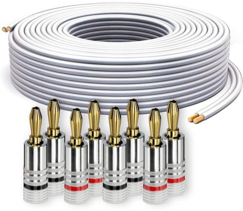 PureLink Câble haut-parleur avec fiches banane, câble audio OFC 2x2,50mm² (0,20mm), 25,0m, 8 fiches, cuivre pur pour enceintes HiFi et caisson de basses, repérage de polarité, blanc