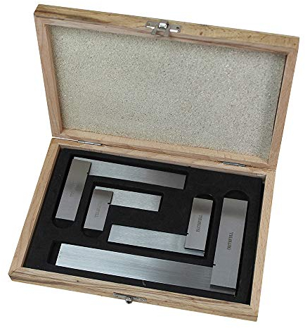 Faithfull Engineers Steel Try Square Set 4 Piece - 50,75,100,150mm (2in, 3in, 4in, 6in), Precision Ground, Hardened Steel Blade, Accurate Marking, Measuring & Layout Tools in Wooden Storage Case