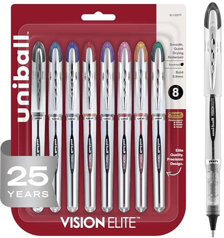 uni-ball® Vision™ Elite™ Liquid Ink Rollerball Pens, Bold Point, 0.8 mm, Black Barrel, Assorted Ink Colors, Pack Of 8