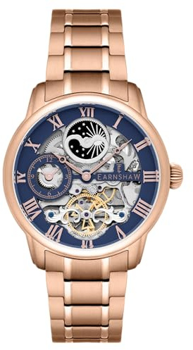 Thomas Earnshaw Herrklocka 44 mm longitud dubbel tid automatisk skelettklocka med armband i rostfritt stål, 12 timmars dubbel tid, sol och måne display och dekorerad rotor, Rosa guld, Un tamaño,