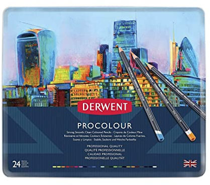 Derwent Procolour Buntstifte, Set mit 24 Stück in Metalldose, 4mm Runder Kern in Premium-Stärke, Glatte Textur, Ideal fürs Zeichnen und Malen, Profi-Qualität, 2302506