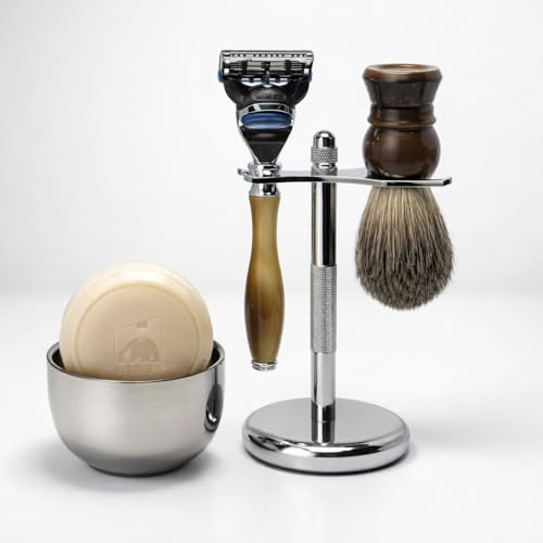 G.B.S Shaving Set For Men – 5 Blade Chrome Tip, Compatible – Badger Brush, Stainless Bowl and Stand – Wet Shaving Kit Comes (Light Horn) Accessories | Convenient