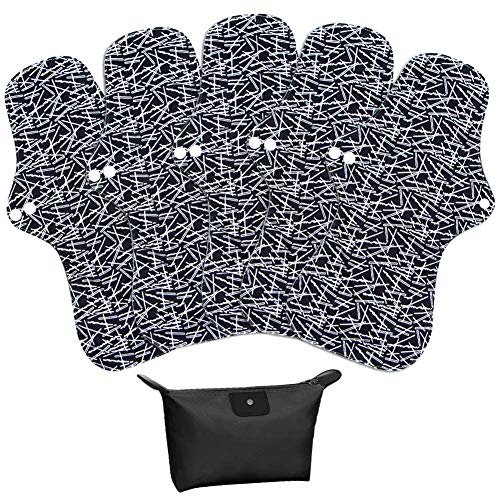 LIVEHITOP Slipeinlagen Waschbar – 5 Stück 32.5cm XL Stoffbinden Wiederverwendbare Bambuskohle Damenbinden Bio Polyester Menstruation Nacht Lang Schwer für Frauen mit Tasche Schwarz