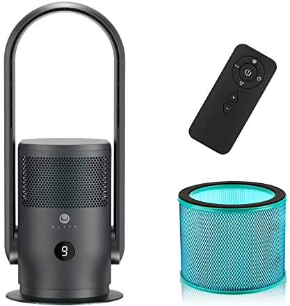 Ventilatore a Torre con Purificatore d'Aria, ULTTY Ventilatore Senza Pale Silenzioso con Telecomando, Touch, Timer, Alto 60 cm, Oscillazione 90° per Camera da Letto, Ufficio a Casa, CR021 Nero