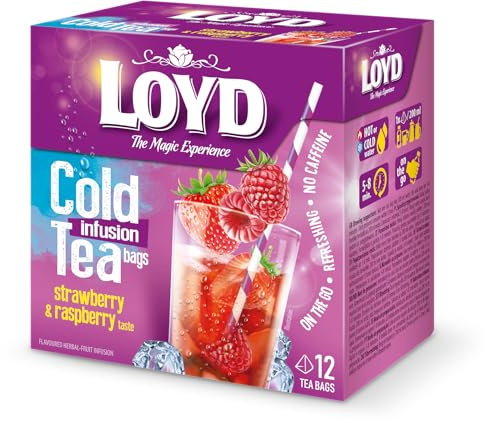 LOYD - Eistee Erdbeere & Himbeere - 12 Pyramidenbeutel, Sommerlicher Ice Tea, Aromatisiertes Süßer Kalter Tee, mit Natürlichen Zutaten, Wasser mit Geschmack, Ohne Zuckerzusatz, Cold Brew - 30g