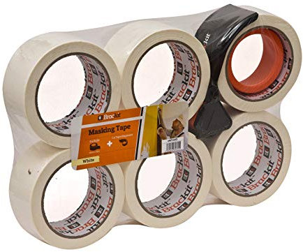 brackit Masking Tape with Dispenser, 48mm x 30M, Pack of 6 Rolls – Compact Dispenser and Cutter Included for Easy and Quick application – Bulk Pack for General Purpose