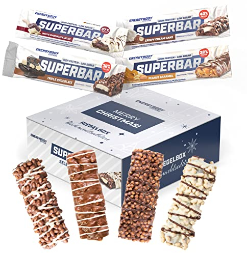Energybody® Superbar High Protein Riegel Mix Box 12x50g / Eiweißriegel zuckerarm/Protein Bar nur 2g Zucker pro Proteinriegel/Eiweissriegel Low Carb 4 Sorten als High Protein Snacks