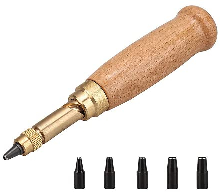 Adjustable Japanese Screw Hole Punch,Precision Durable Hole Punch Tool Screw Hole Puncher with Wood Handle,6 Tips Sizes:1.5mm,2mm,2.5mm,3mm,3.5mm,4mm for Sewing Leather Paper Bookbinding Tool (wood)