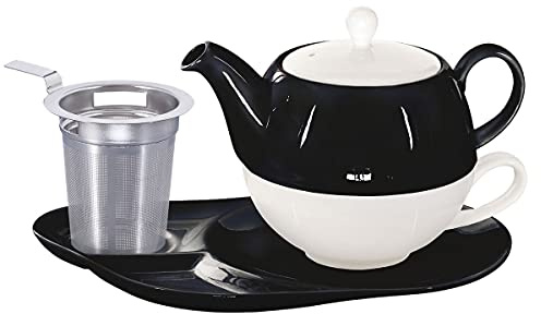 tea4chill Buchensee Tea for One mit Sieb Lena 500ml aus Crystal Bone China Porzellan in schwarz. Teekanne + Teetasse + Untertasse mit Ablageflächen + Sieb