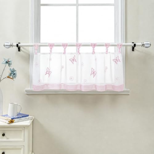 Delien Scheibengardinen Küche »Schmetterling« B120 x H45 cm, Rosa | 1 Stück,Voile,Bistrogardine mit Schlaufen,Schmetterling Stickerei,Transparente Küchengardine,Landhausstil Kurzstores